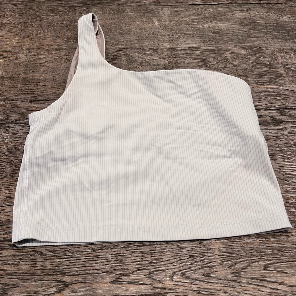 Lululemon Athletica White Striped One-Shoulder Crop Top